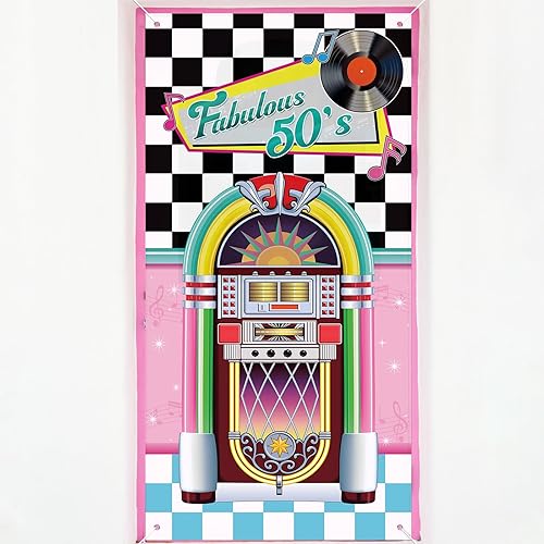VitalCozy Decoraciones de fiesta de los años 50 de 71 x 35 pulgadas, decoración retro de los años 50, cubierta de puerta de fiesta de rock and roll