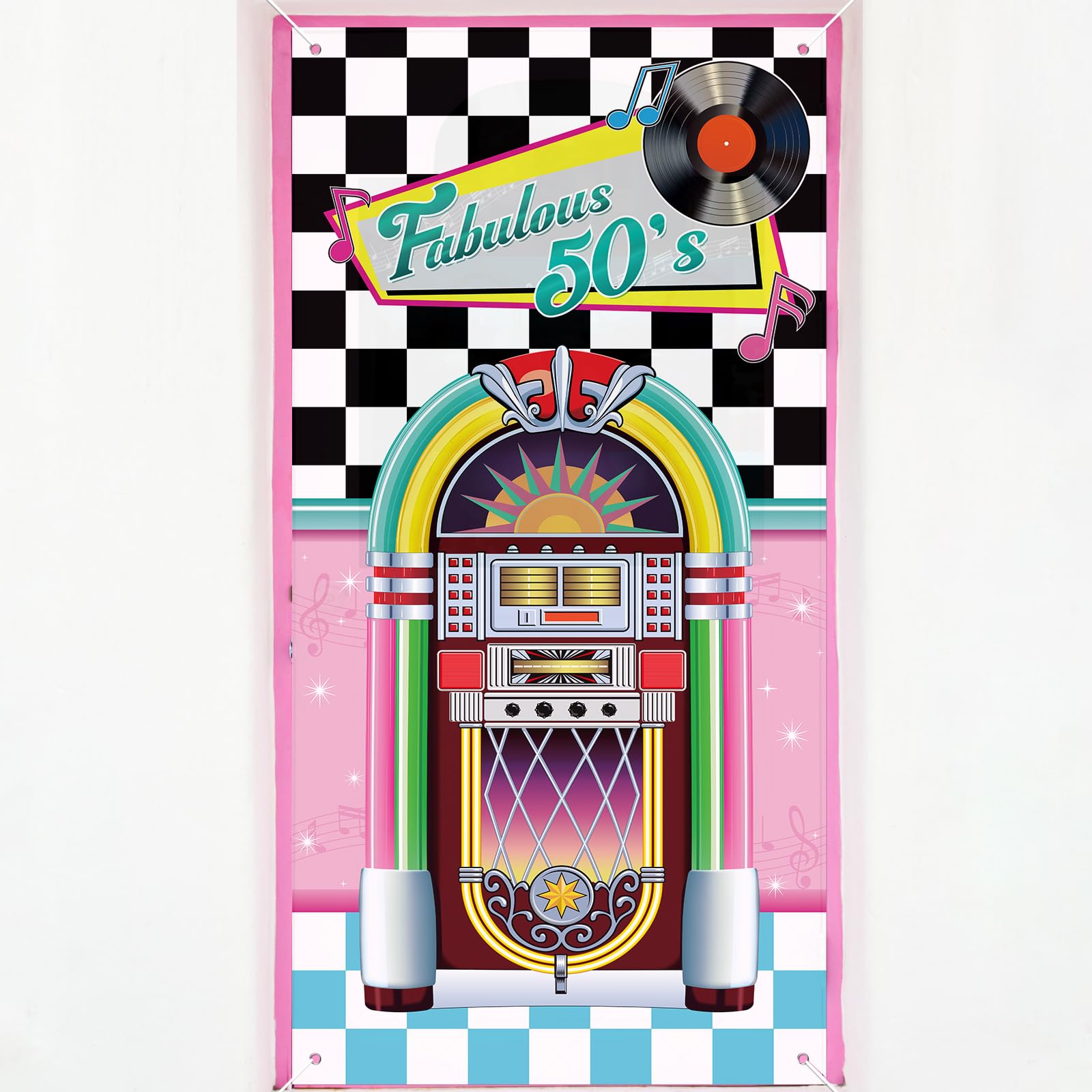 VitalCozy - Decoración para fiestas de los años 50, 71 x 35 pulgadas, cubierta de puerta de tela retro de los años 50, cubierta de puerta para fiesta de rock and roll de los años 50, fondos con temática de música rock de los años 50, decoración, pancarta de rock, letrero, rocola, accesorios para fotos