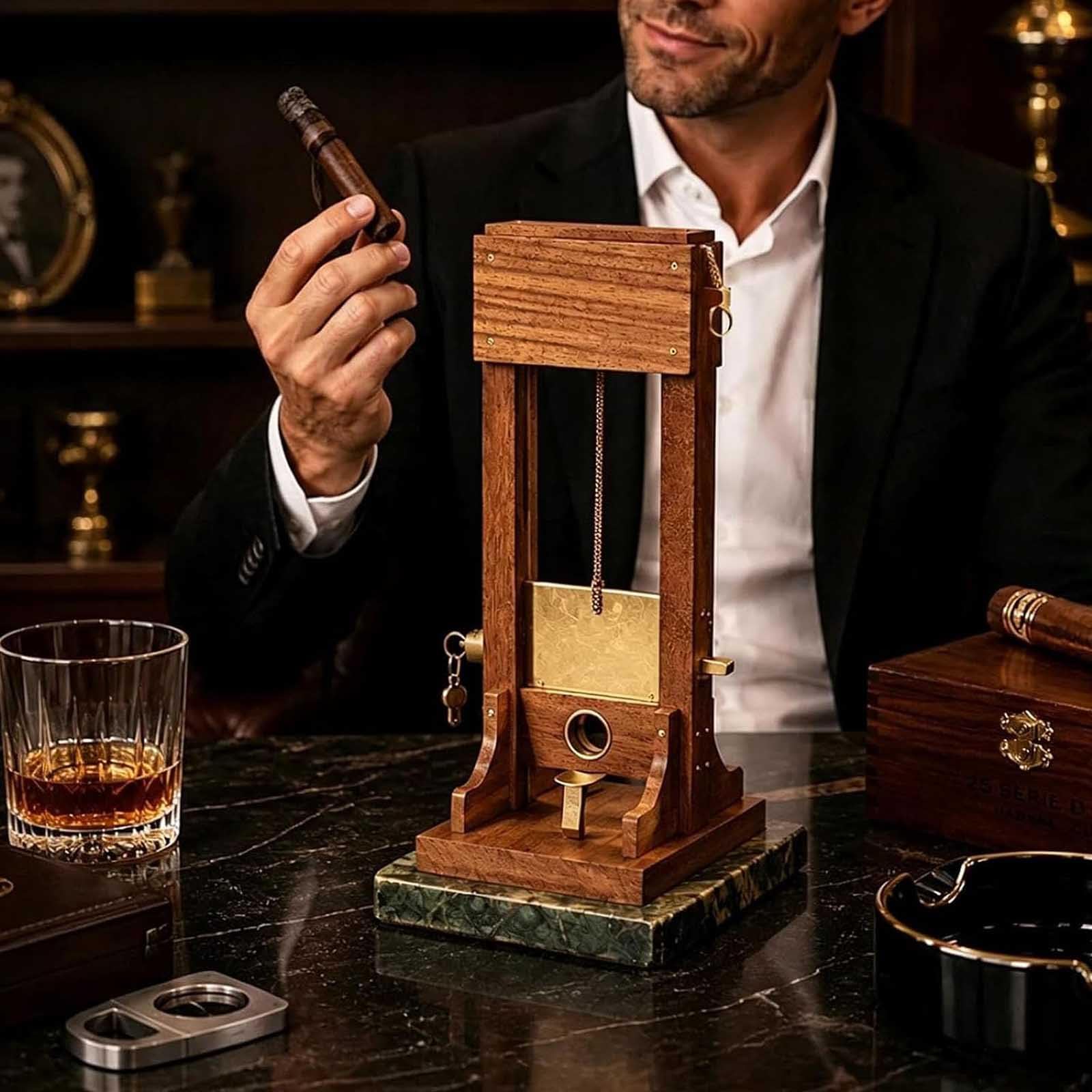Luxuriöser Zigarrenschneider für den Schreibtisch, einzigartiger Guillotine Schneider, V-Schnitt & Gerader Schnitt mit integrierter Auffangschale und stabilem Standfuß, Elegantes Accessoire