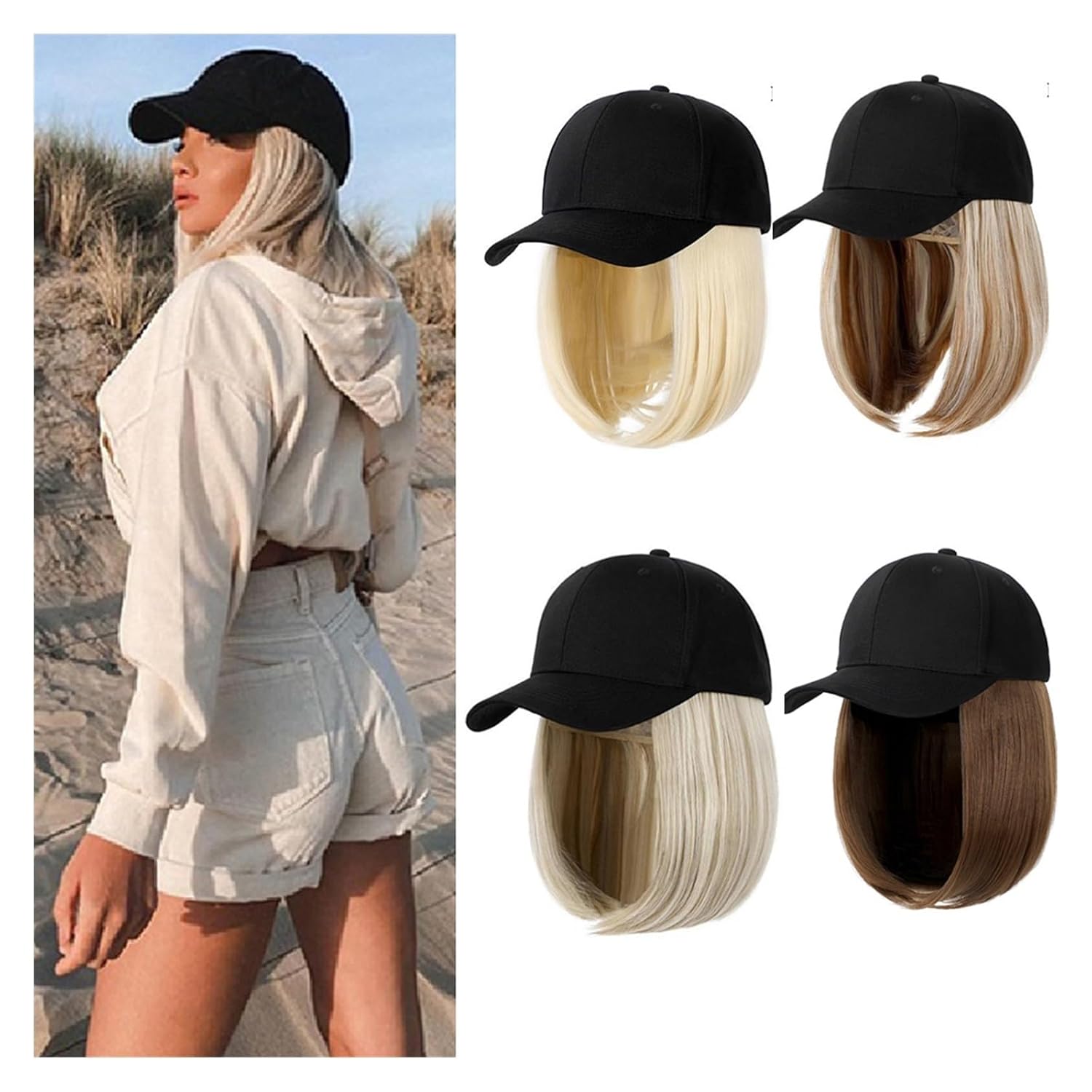 GSOUL Hat with Hair Synthetic Adjustable Black Hat Wigs Short Bob Straight Baseball Cap Wig Connection Hair Extensions For Women