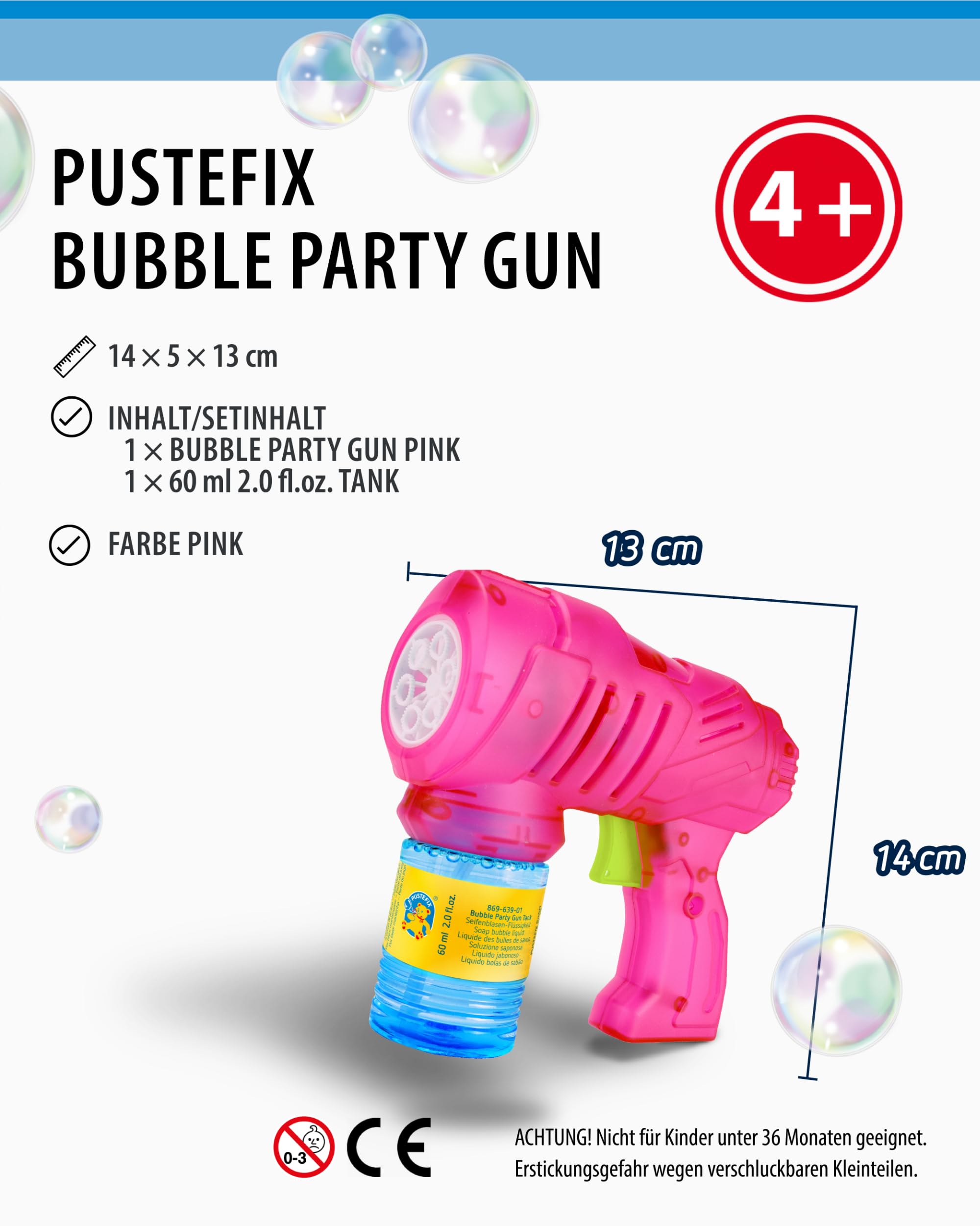 PUSTEFIX Bubble Party Gun I Seifenblasenpistole I 60 ml Flüssigkeit I Made in Germany I Für Hochzeit, Kindergeburtstag & Polterabend I Für Kinder & Erwachsene - 5