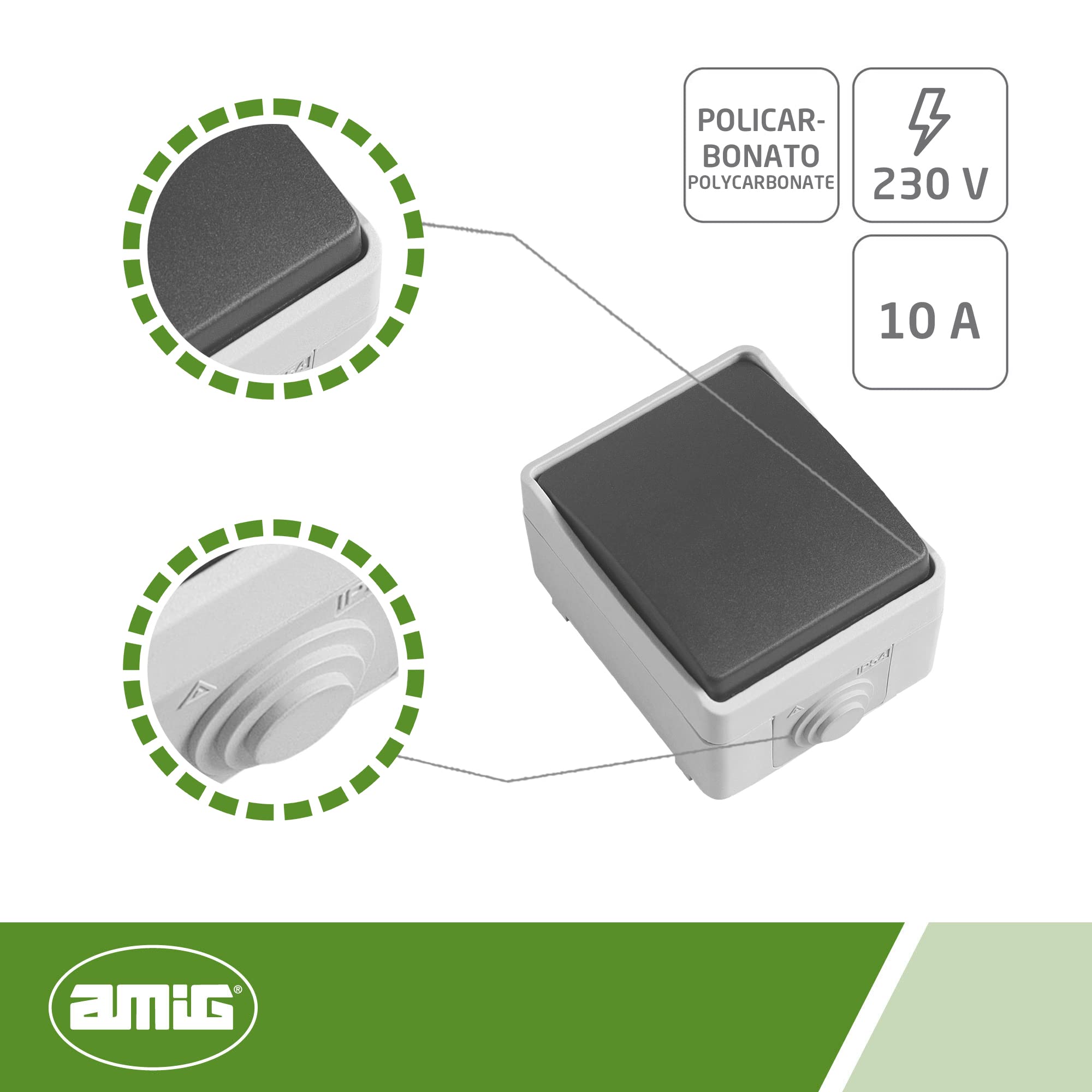 Amig - Interruttore di commutazione semplice da sovrapporre mod.3610 impermeabile IP54 di tensione massima 230 V | Pulsante adatto per esterni e interni | Ideale per terrazze, giardini, garage o