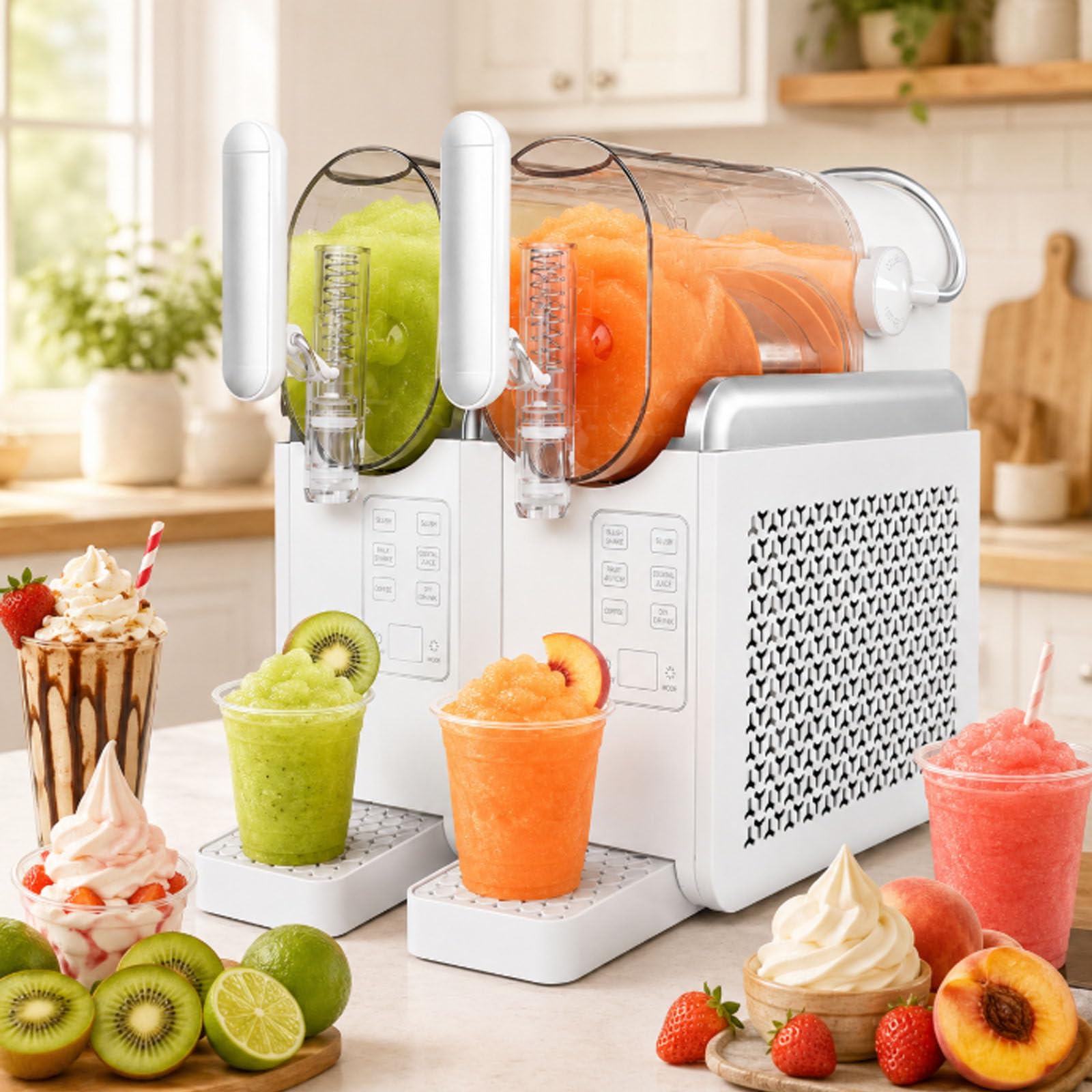ErShangMao Slushie Maker Dual 2l Tanks,Slushy Maker Machine W/ 7 Presets,Soft Serve Ice Cream Machine For Soft Serve Style Desserts,Slushies & Coffee Granita,Self Cleaning,Compact Countertop Use