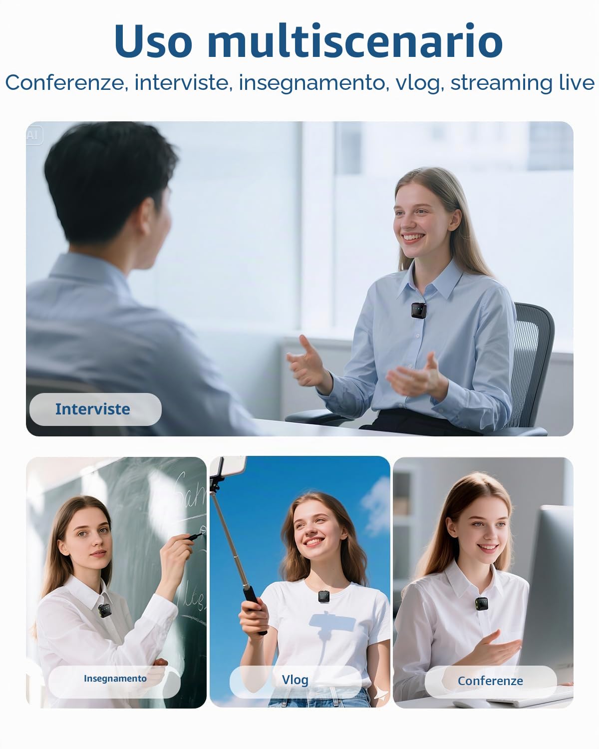 Microfono Lavalier wireless per iPhone/Android,microfono da bavero per registrazione, microfono a clip con cancellazione per registrazione video,Tiktok, Youtube, Vlogging,Trasmissioni dal Vivo