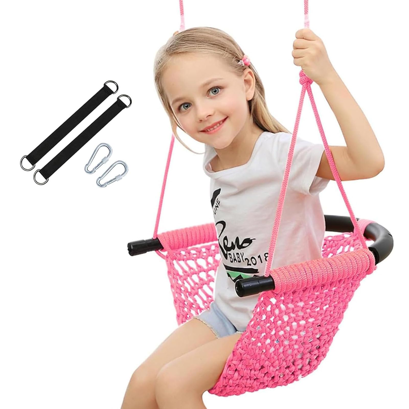 Nets Tribe Pink Hand Knitted Toddler Swing For Kids With Adjustable Ropes, Heavy Duty Safe Rope Swing Set For Indoor, Outdoor, Playground, Tree, 200Kg Load Capacity (Pink)
