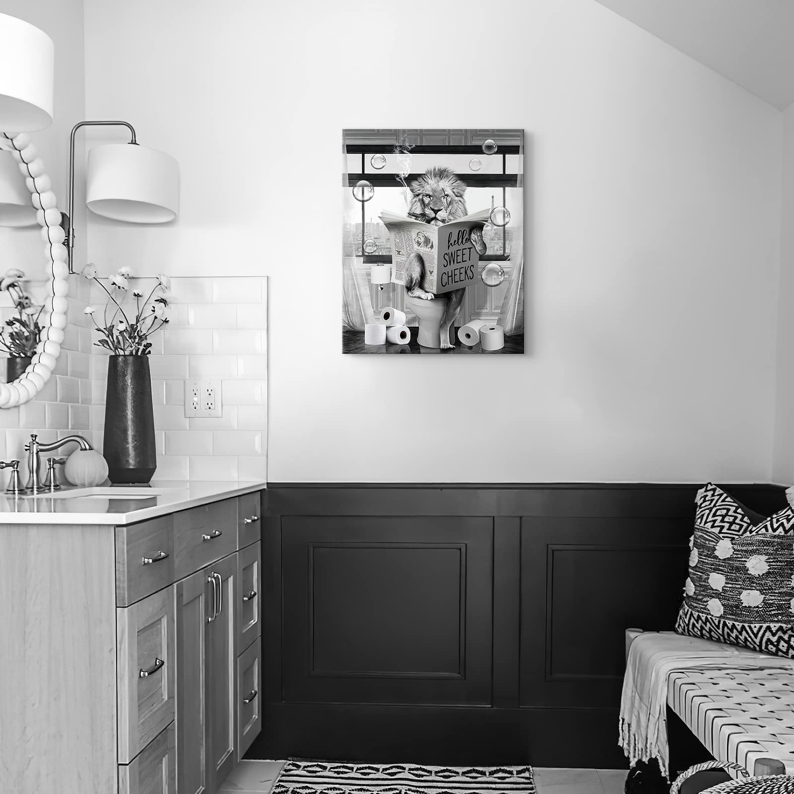 KOEUIRW Divertente lontra bagno su tela, decorazione da parete in bianco e nero, decorazione da parete estetica moderna per 61 x 91 cm, senza cornice