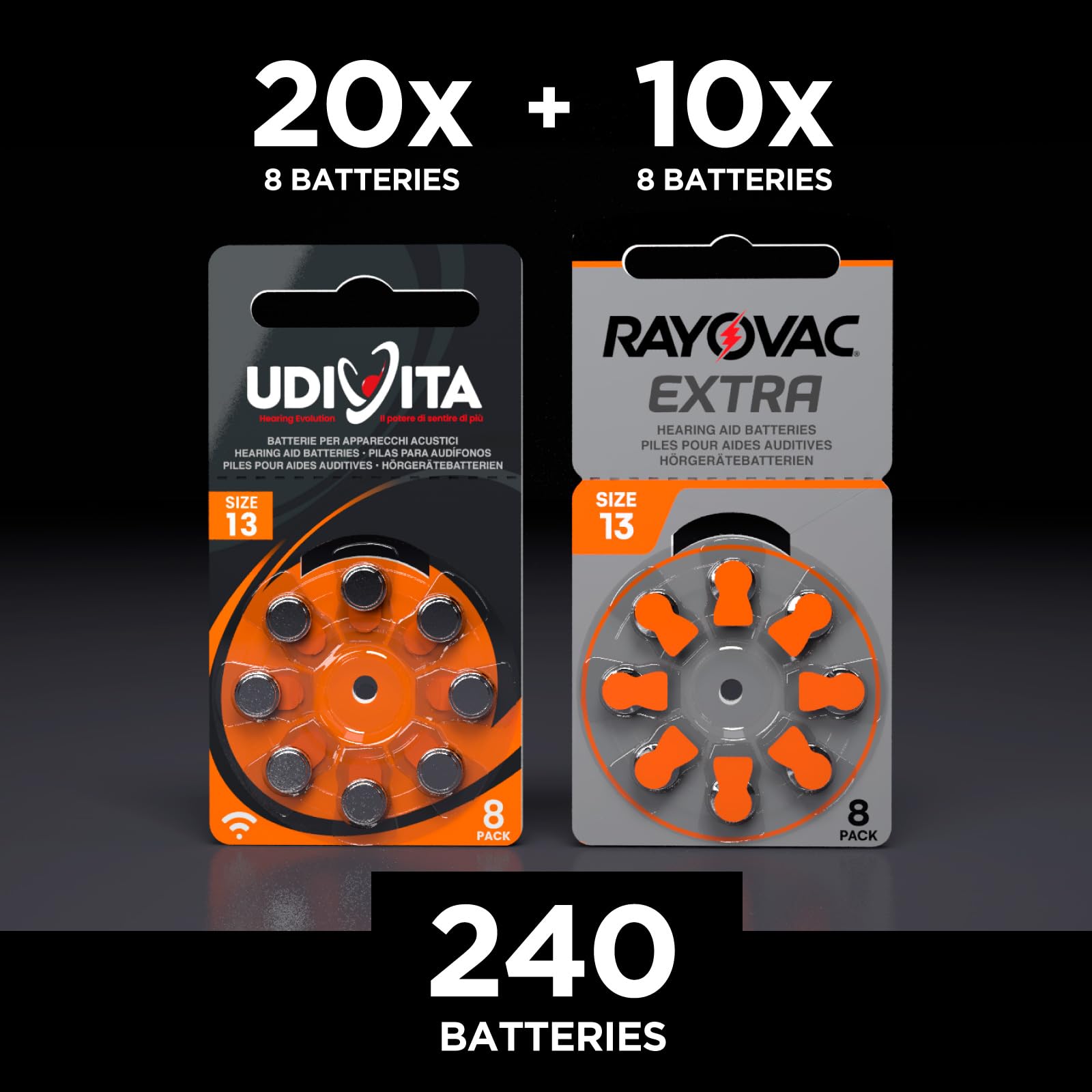 240 Batterie per Apparecchi Acustici Misura 13 PR48 (Arancioni) con Phono Pulse Technology - 240 Pile: 160 Udivita + 80 Rayovac