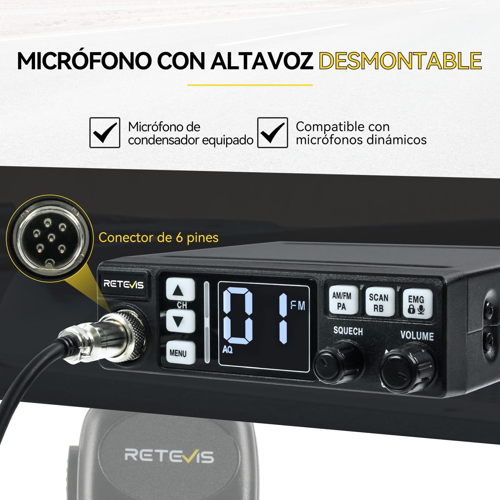 Retevis MB63 Radio CB con Antena, Kit Completo con Función PA | Pantalla LCD, Am/FM, ANL, VOX, SQ/ASQ, EMG CH9/19, Radio CB Móvil para Coche