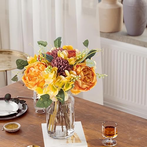 Miniatura 3 de ASTRYAS Flores artificiales, 2 ramos de rosas artificiales de hortensias de seda de peonía falsas, flores naranjas para decoración, flores de otoño