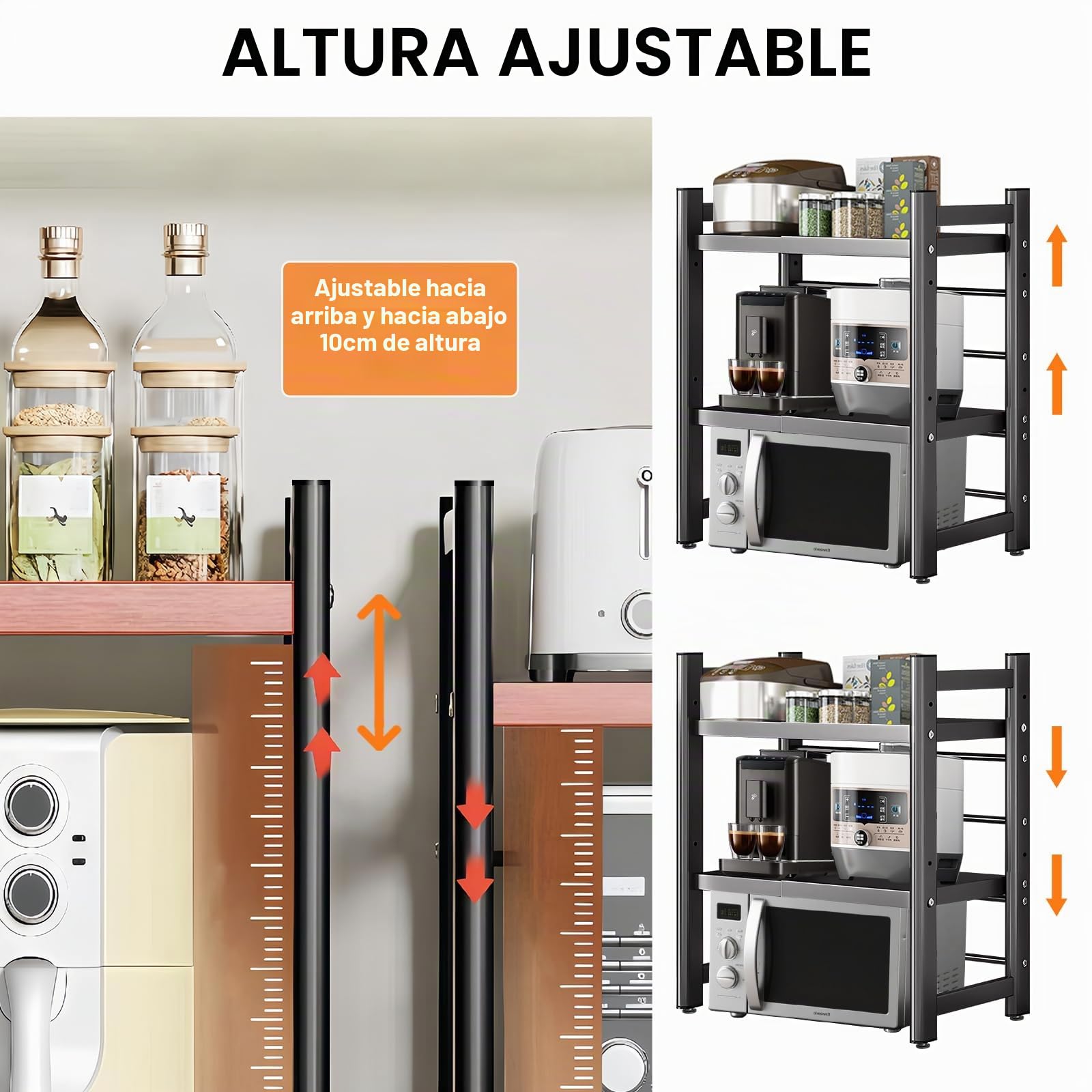 Estante Extensible para Microondas con Ganchos, Reposacuchillos, Portapalillos y Soporte para Tablas de Cortar - Estante Expandible de 3 Niveles para Almacenamiento en Cocina y Hogar