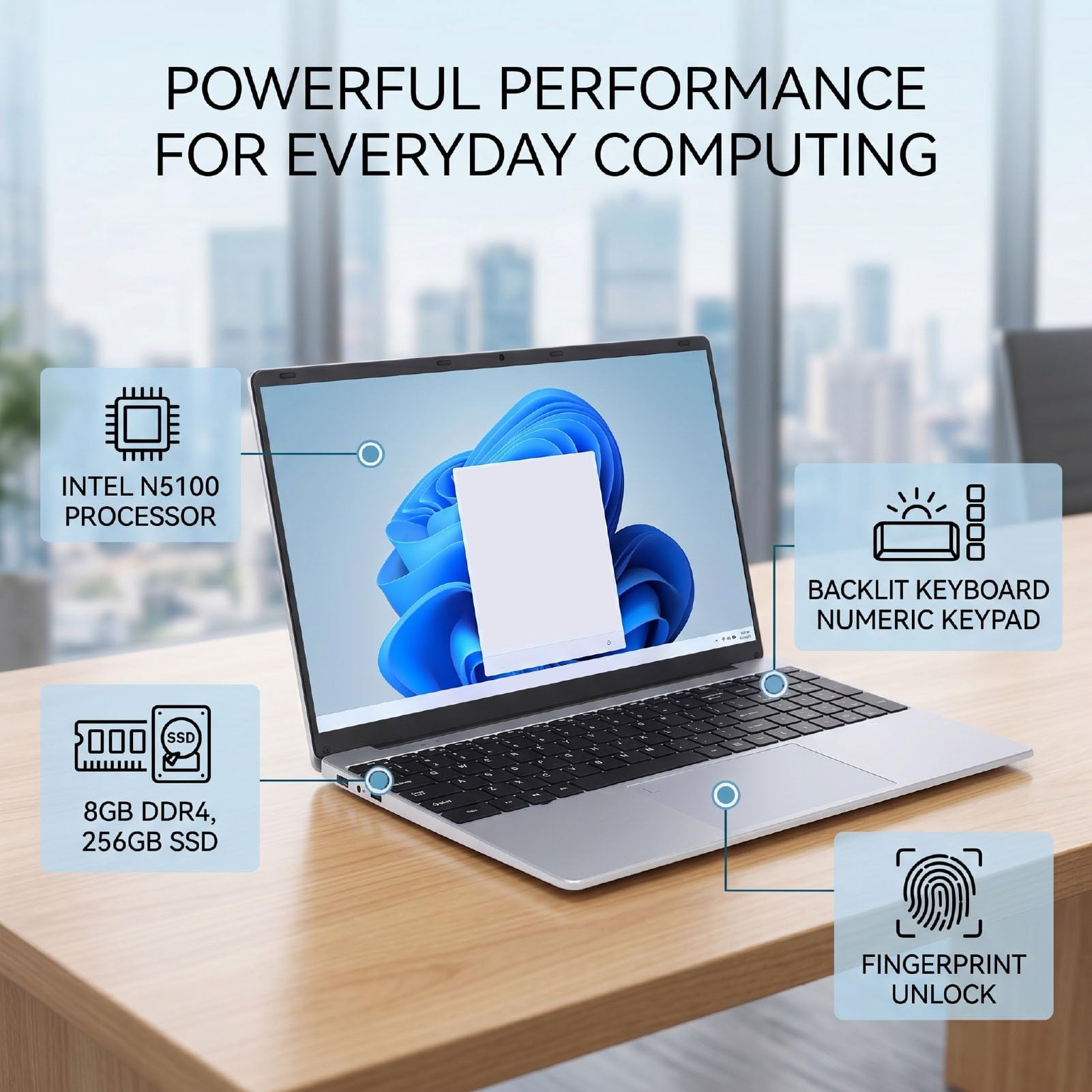 Laptop 15,6 Cala, Ultracienki Notebook 2K FHD z 8 GB Pamięci DDR4 256 GB SSD Klawiatura Numeryczna Odblokowywanie za pomocą Linii Papilarnych, do Pracy, Nauki i Rozrywki (wtyczka UE)