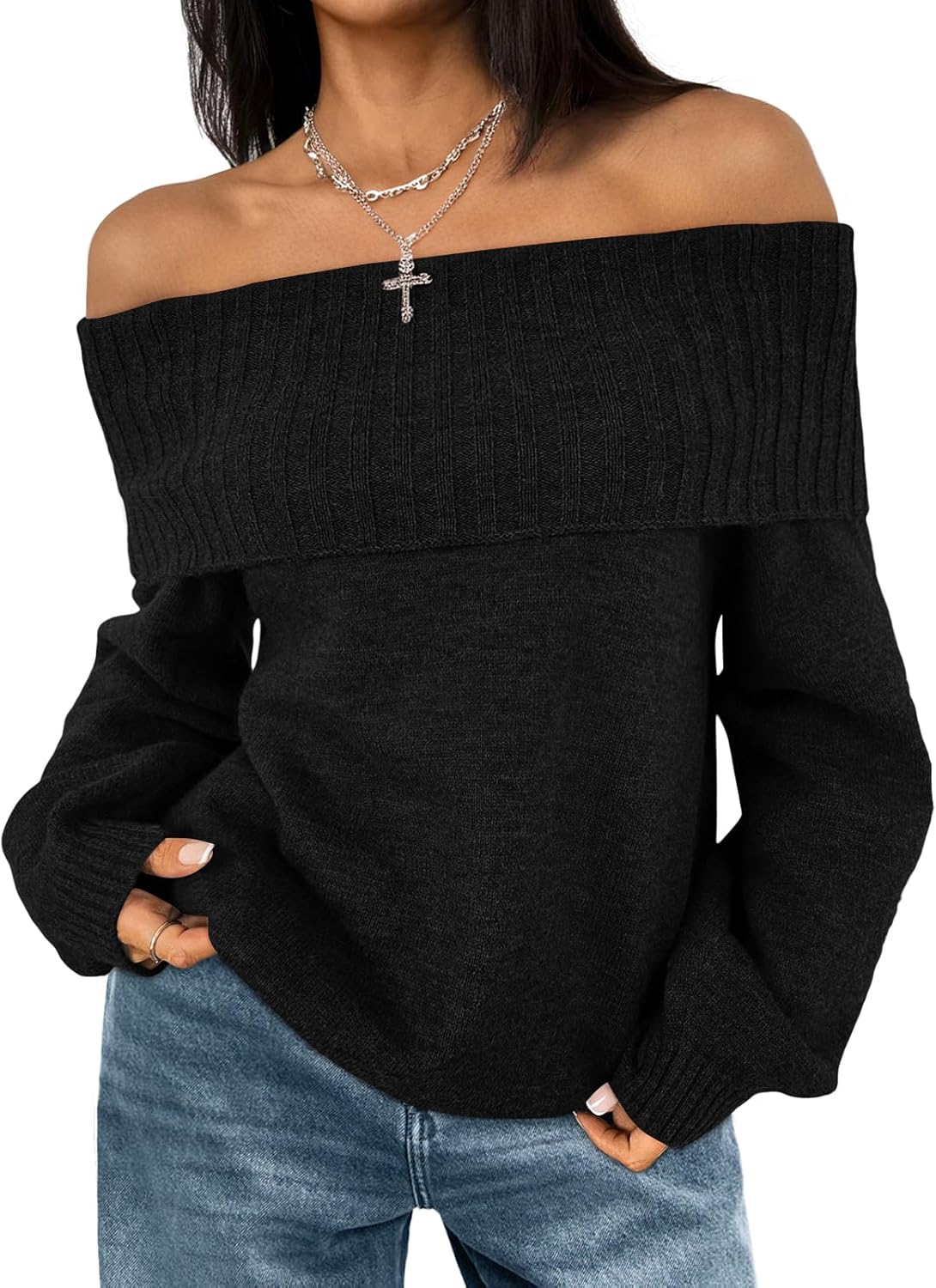 LILLUSORY Off The Shoulder Sweater Womens Oversized Loose Knit Chunky Pullover Sweaters Long Sleeve Top