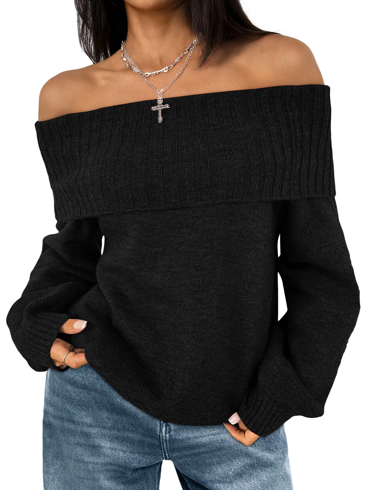 Off The Shoulder Sweater Womens Oversized Loose Knit Chunky Pullover Sweaters Long Sleeve Top