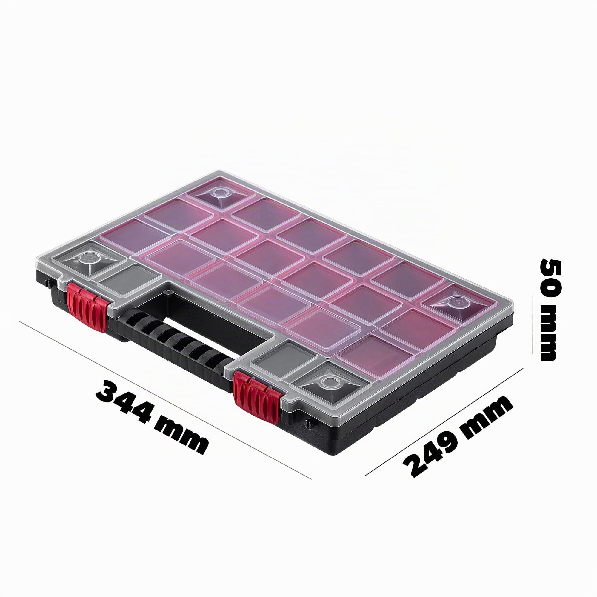 KADAX Organizer con Coperchio Trasparente – Cassetta Porta Minuteria a Scomparti per Viti, Bulloni, Ferramenta, Officina e Garage – Plastica Resistente (34 x 25 cm, 12 Pezzi)
