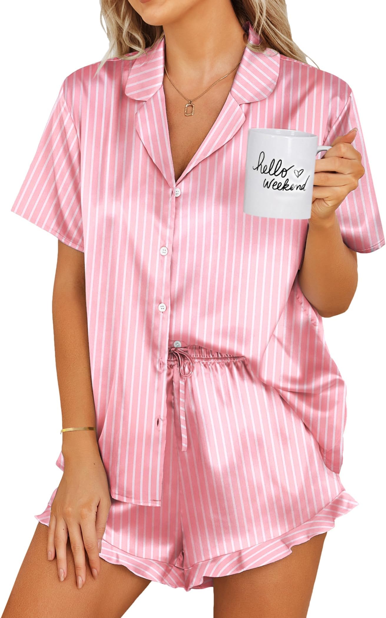 Womens Satin Pajamas Set Button Down 2 Piece Silk Pjs Shorts Set Ruffle Lingerie Notch Collar Sleepwear