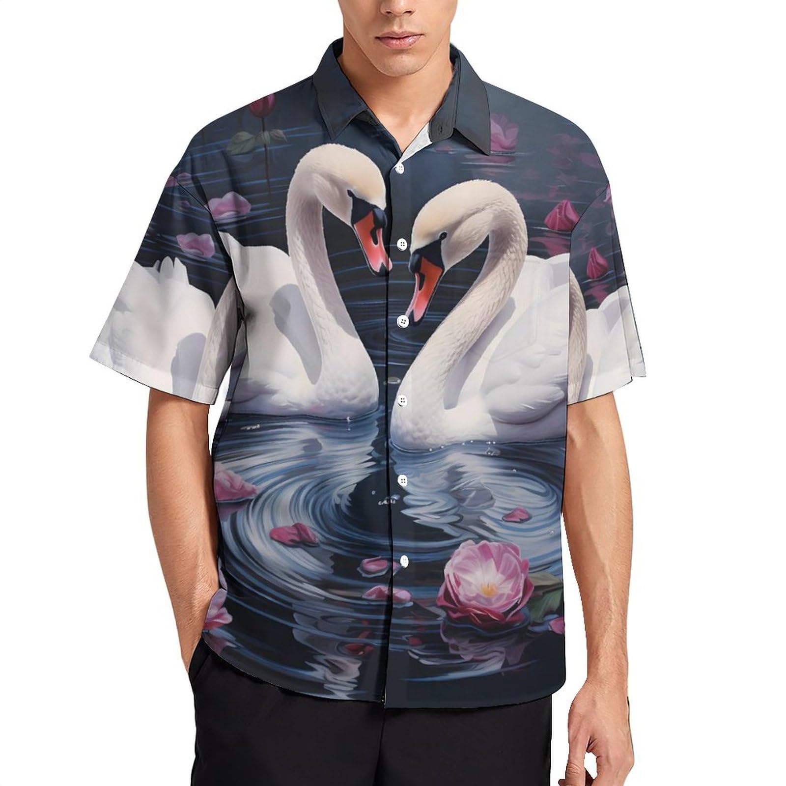 FJQWKLF Swan Hawaiian Shirt for Men Summer Beach Printd Short Sleeve Button Down Shirts