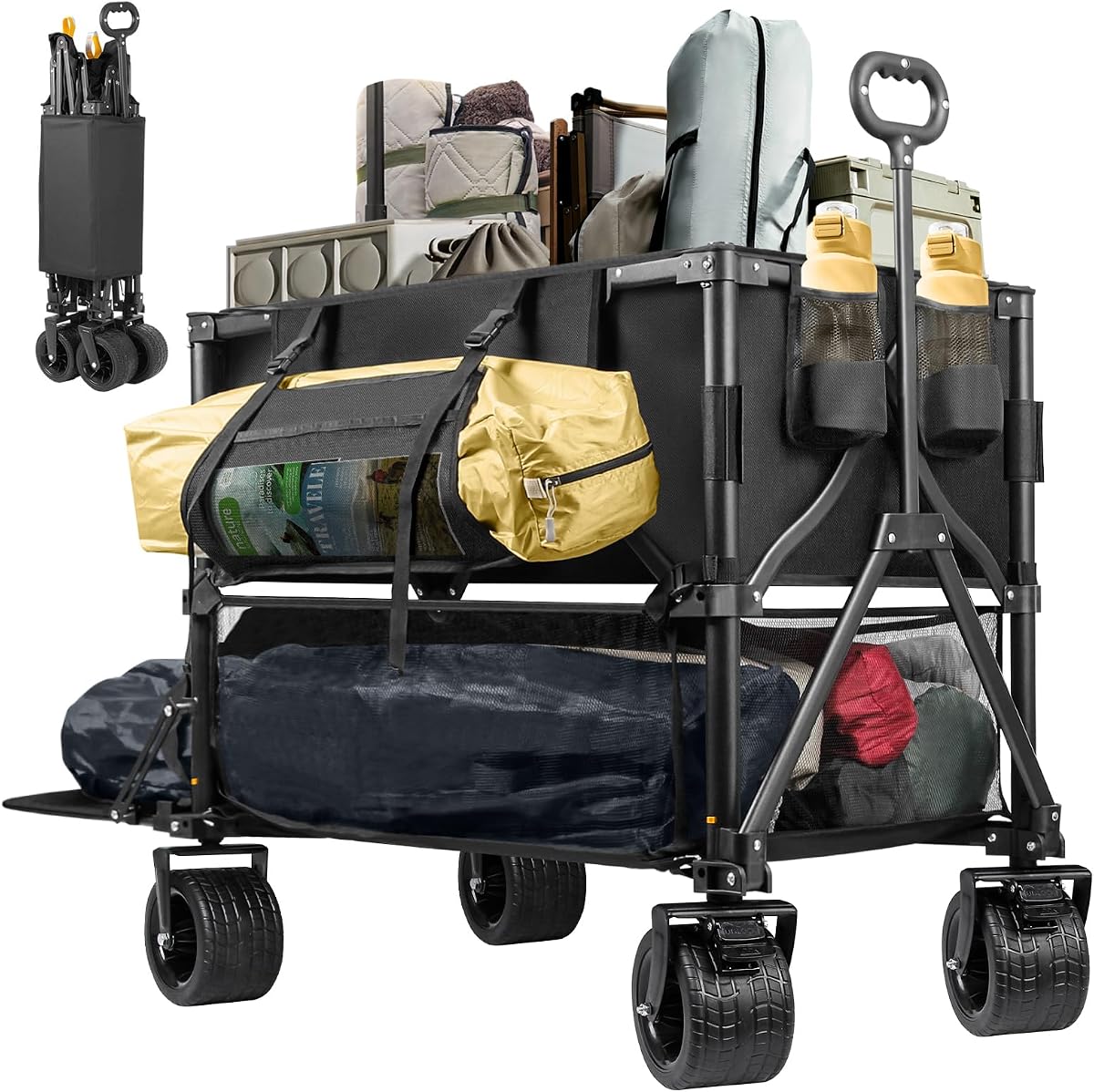 Vagón de dos pisos con capacidad de 600 libras y vagón deportivo plegable de 400 litros | Carro plegable utilitario extendido de 54 pulgadas con ruedas grandes, para acampar, pescar y usar al aire libre