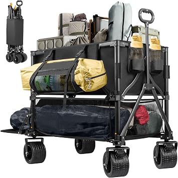 UNITON Double Decker Wagon 600lb Capacity & 400L Collapsible Sports Wagon with Big Wheels 54" Extended Utility Folding Cart for Camping Fishing & Outdoor Use
