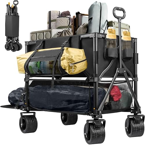 UNITON Double Decker Wagon 600lb Capacity & 400L Collapsible Sports Wagon with Big Wheels 54" Extended Utility Folding Cart for Camping Fishing & Outdoor Use