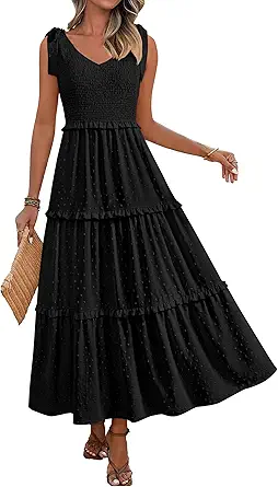 Okiwam Womens Summer Dresses 2025 Sleeveless Tie Strap Maxi Long Flowy Beach Sundresses Boho Swiss Dot Fall Wedding Dresses