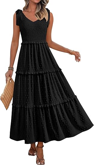 Okiwam Womens Summer Dresses 2025 Sleeveless Tie Strap Maxi Long Flowy Beach Sundresses Boho Swiss Dot Fall Wedding Dresses