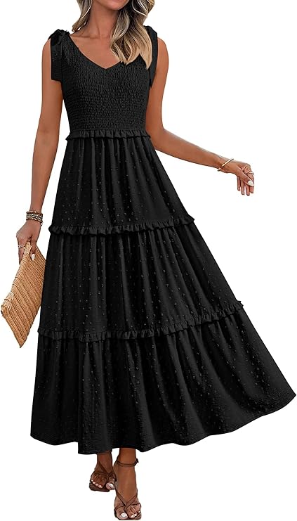 Okiwam Womens Summer Dresses 2025 Sleeveless Tie Strap Maxi Long Flowy Beach Sundresses Boho Swiss Dot Fall Wedding Dresses