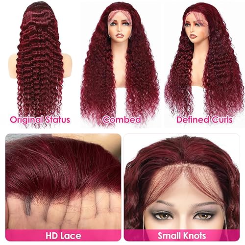 Miniatura 3 de Pizazz Pelucas de cabello humano con encaje frontal HD 99J predepiladas de densidad 180, color burdeos con ondas profundas, pelucas de cabello