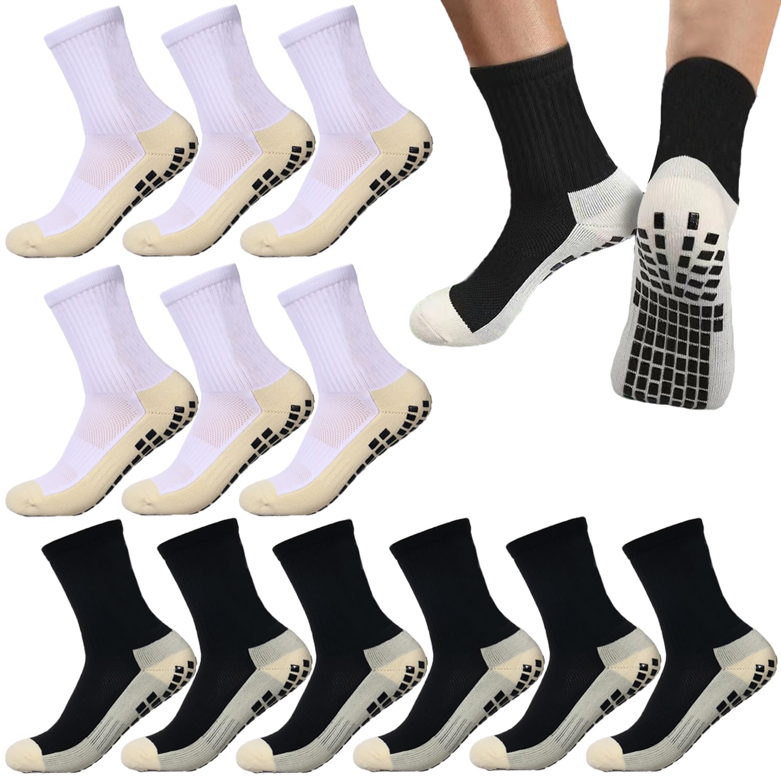 6 Pairs 4-12 Years Old Kids Soccer Grip Socks Anti Slip Athletic Socks Cushioned Football Crew Socks for Teens Boys