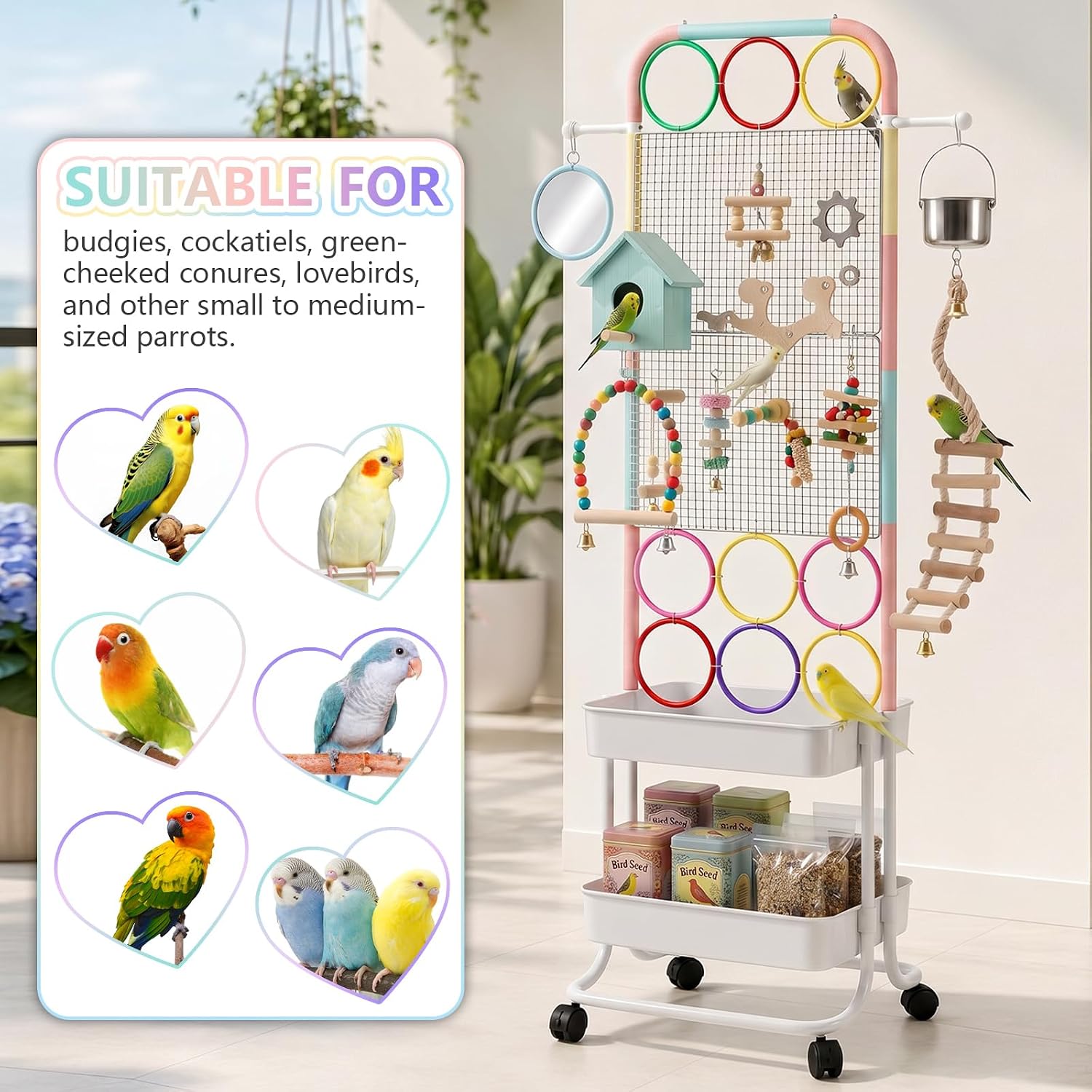 Large Bird Playground, Parrot Playstand with Toys DIY Zone, Wheels, Toilet, Storage Space, Bird Stands for Inside Play Gym Stand for Parakeet Conure Cockatiel Lovebird Budgie Lovebird