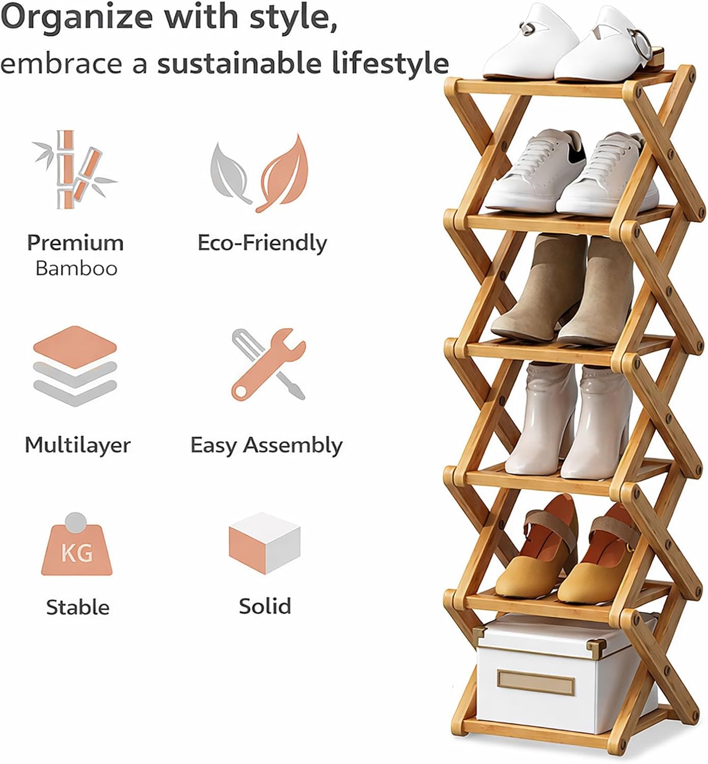 The 9 Tier Bamboo Shoe Rack, 9 Tier No-Assembly Portable Folding Shoe Storage Rack, Foldable Storage Shelf for Narrow Space, Bedroom, Living Room (Wood Color,8 Layer)