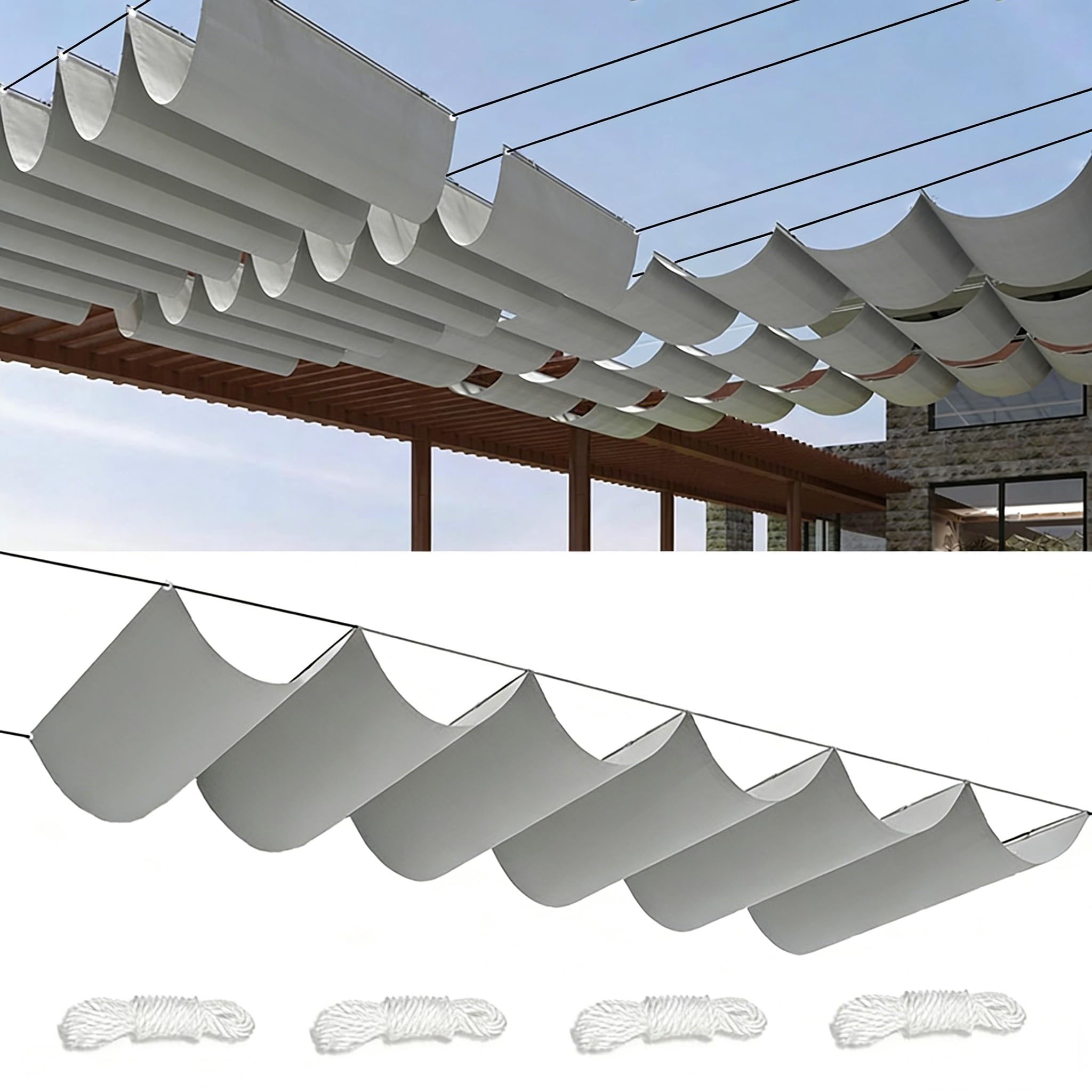 Retractable Wave Sun Shade Cloth 2.8x9M Rectangular Sun Shade Sail Waterproof Polyester Sunscreen Awning Canopy Wind Protection for Outdoor Patio Yard Terrace Carport Light grey