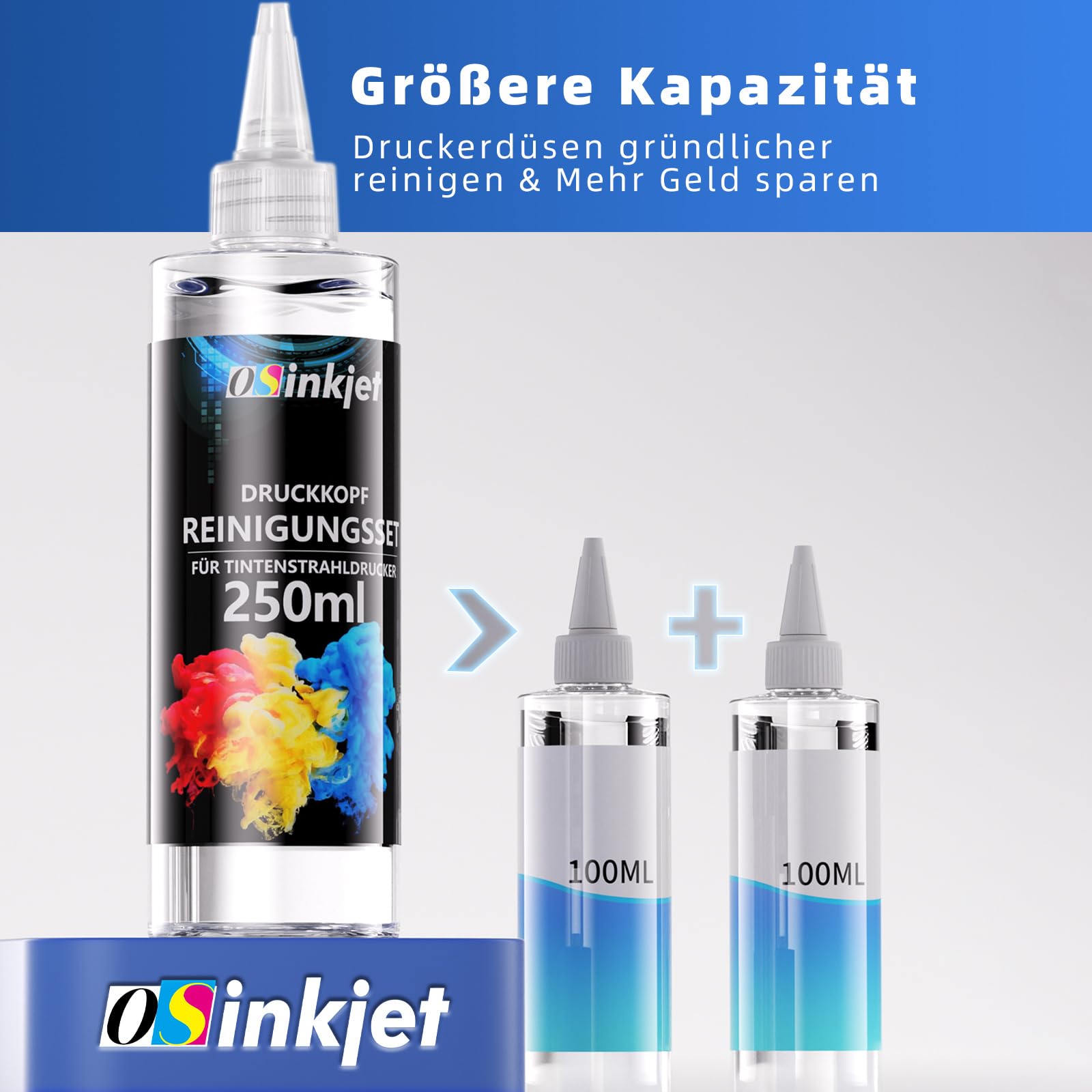 Druckkopfreiniger, 250ml Düsenreiniger Kompatibel für Epson HP Canon Brother Tintenstrahldrucker, Druckkopf Reinigungsset
