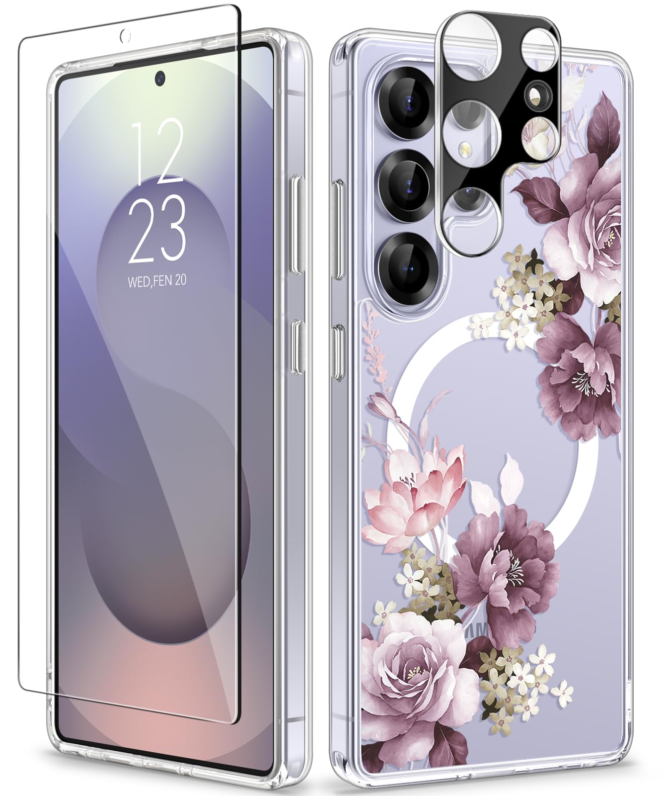 GVIEWIN for Samsung Galaxy S25 Ultra Case, [Compatible with Magsafe][Screen & Camera Lens Protector] Floral Clear Slim Shockproof Protective Women Phone Cover for S25 Ultra 2025 6.9", Cherry Blossoms