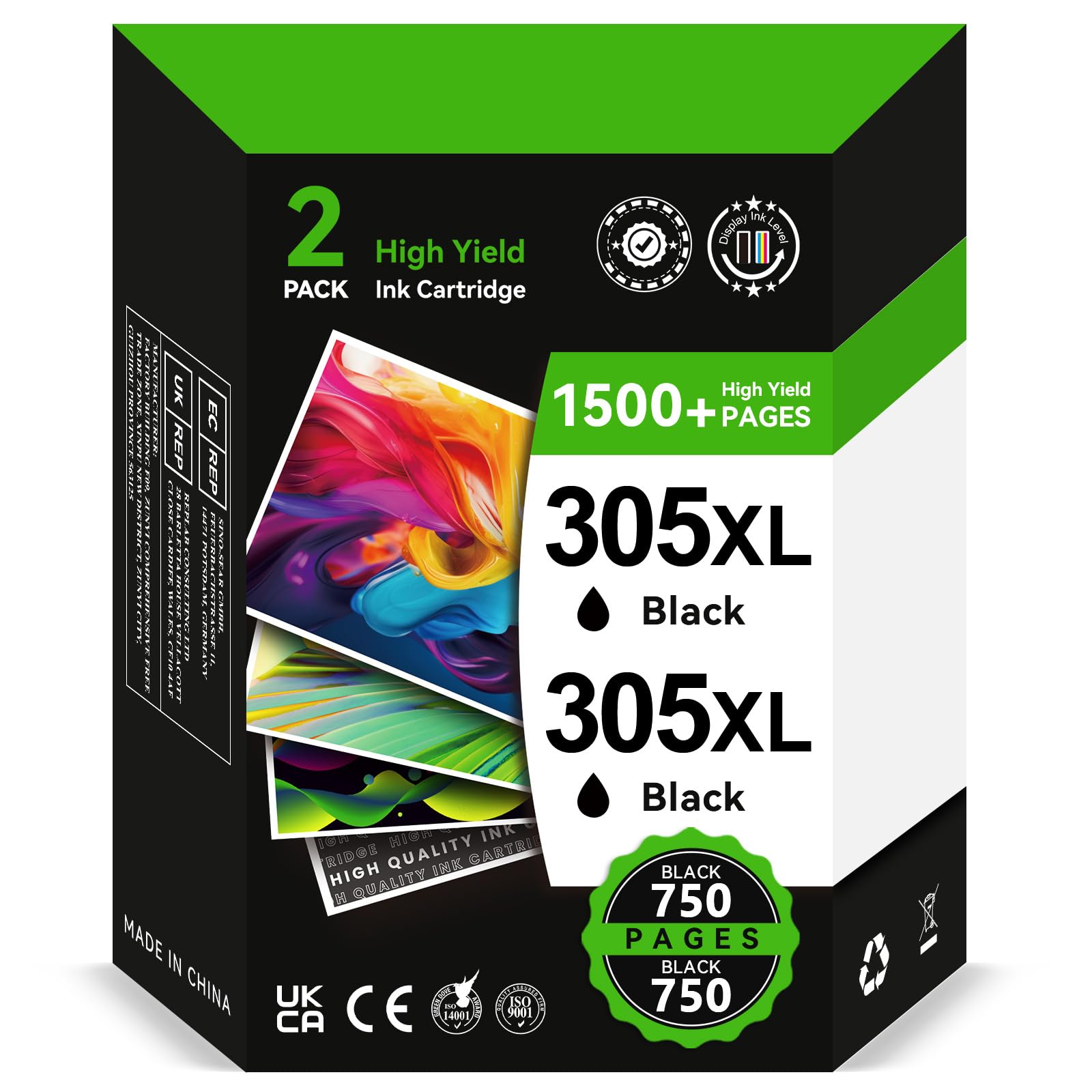 IKONK 305XL High Yeild Ink Cartridges Black- 2X 750+ Pages, Replacement for HP 305 Black Ink Cartridges Original, Printer Ink 305 XL for DeskJet 2700 2720 2710 Plus 4120 Envy 6000 6020 6022 Pro 6400