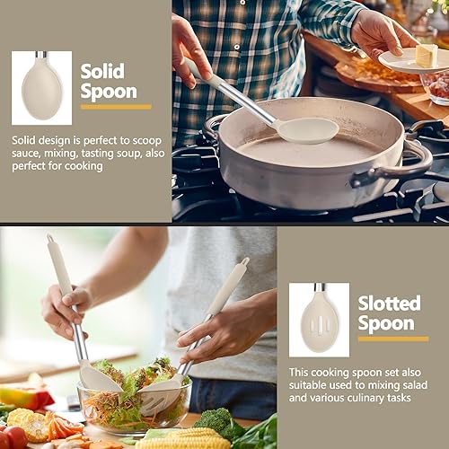 Miniatura 7 de P&P CHEF Juego de 4 utensilios de cocina de color caqui, espátulas sólidas de silicona, cucharas ranuradas para utensilios de cocina antiadherentes,