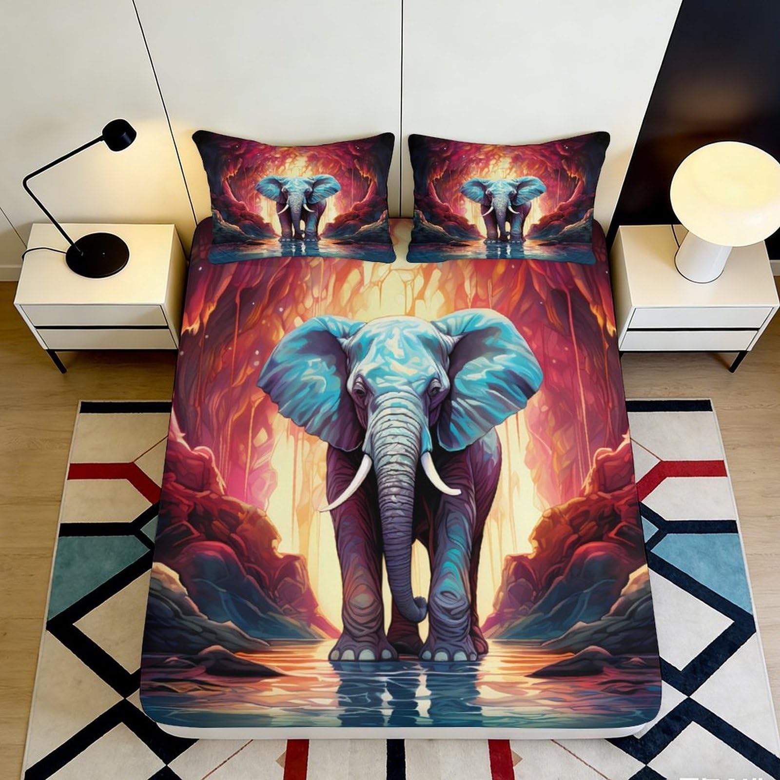 3D Printed Elephant Sunset Fitted Sheet Microfiber Soft Artistic Jungle Bed Cover for Bedroom Guest Room Decor 90x200x25cm