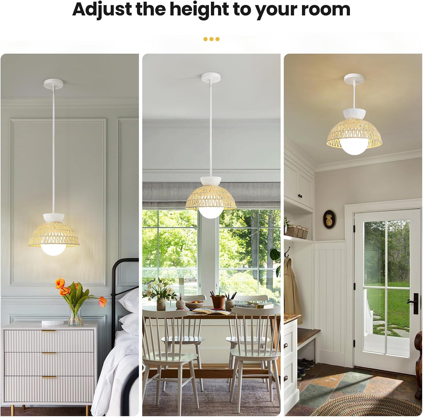 Pendant Light Kitchen Island - 11.8" Rattan Dining Room Light Fixtures over Table Hand-Woven Boho Pendant Light Fixtures with Milk Glass Globe, Adjustable Hanging Light for Bedroom Entryway Foyer