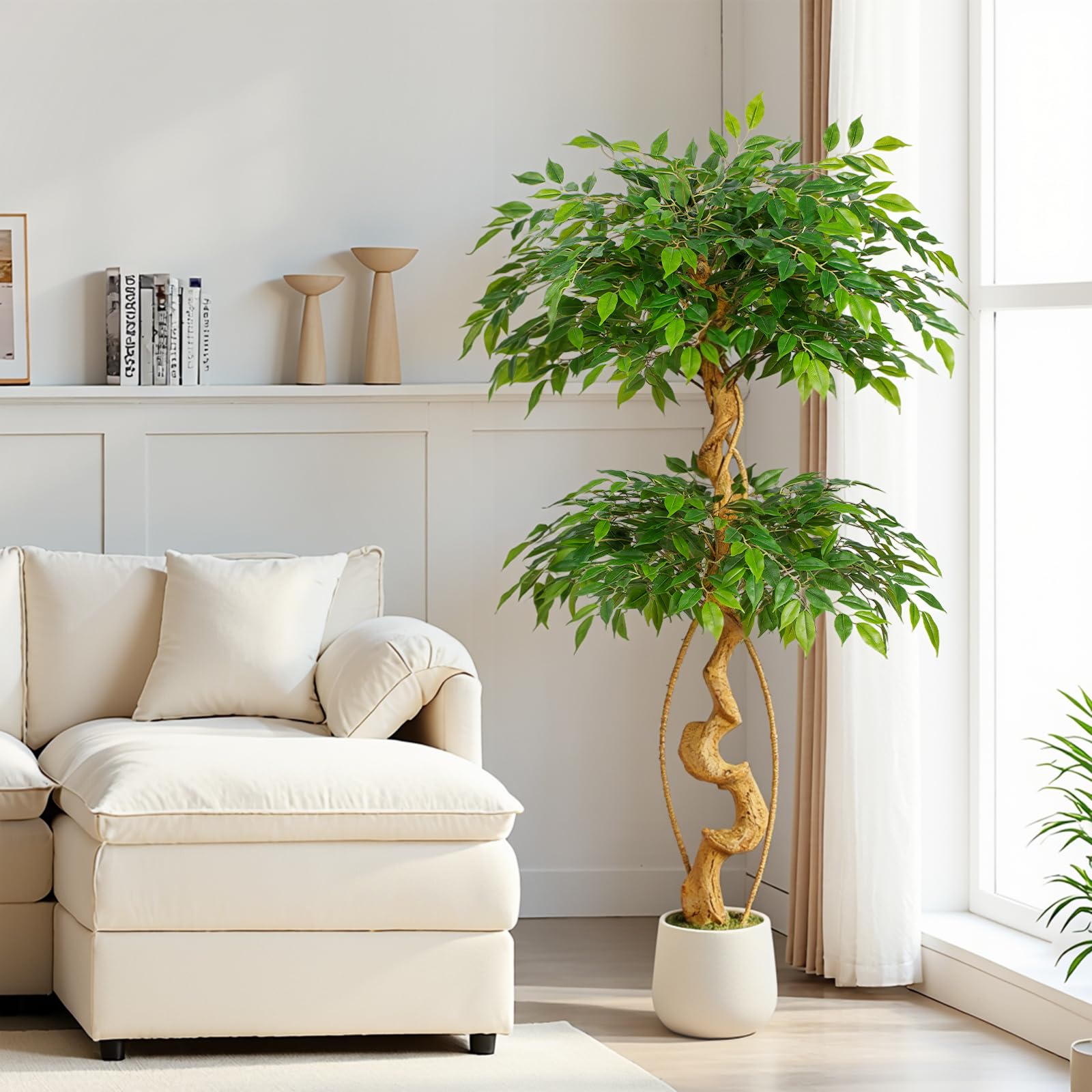 Keepplush - Planta artificial de Ficus, 150 cm con maceta blanca, plantas artificiales grandes como de verdad con tronco curvo y 1488 hojas, planta artificial para decoración interior de sala de estar