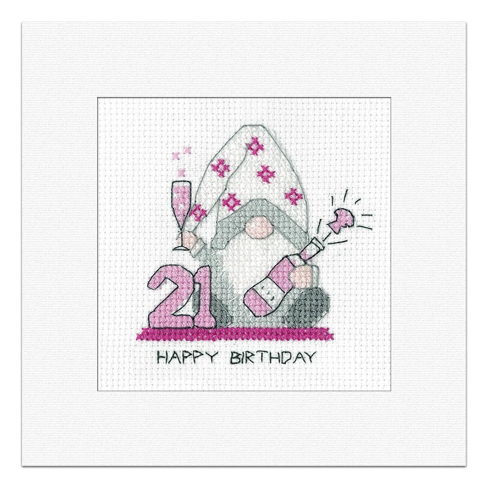 Heritage Crafts Gonk - 21st Birthday Card - Female Cross Stitch Greeting Card Kirsten Roche Gonks