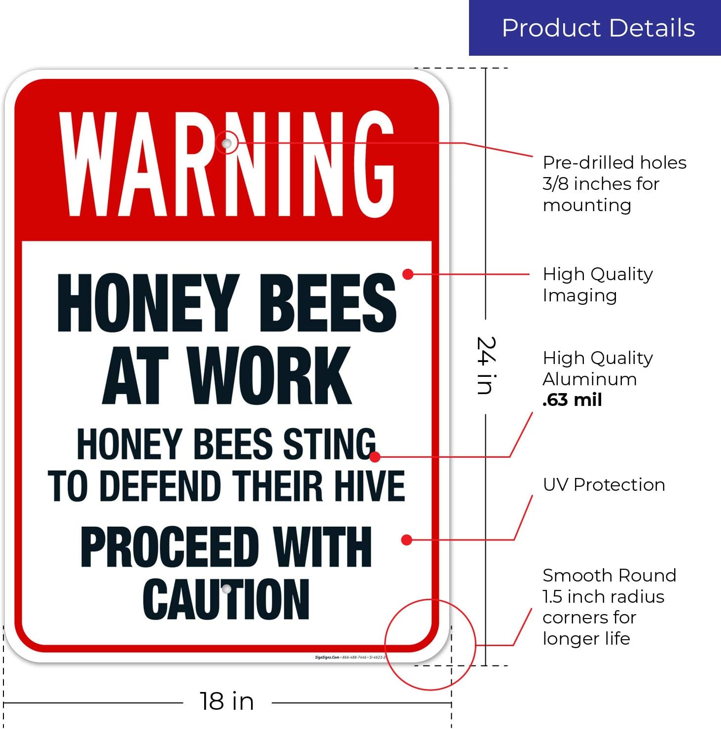 Honey Bees at Work Honey Bees Sting to Defend Their Hive Proceed Sign, OSHA Warning Sign, 18x24 Inches, Rust Free .063 Aluminum, Fade Resistant, Indoor/Outdoor Use, Made in USA