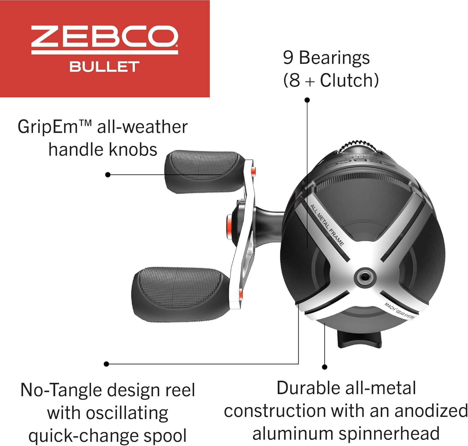 Zebco Bullet Spincast Fishing Reel, Durable All-Metal Construction, Solid-Brass Pinion Gear, Pre-Spooled with 10-Pound Zebco Fishing Line, Black