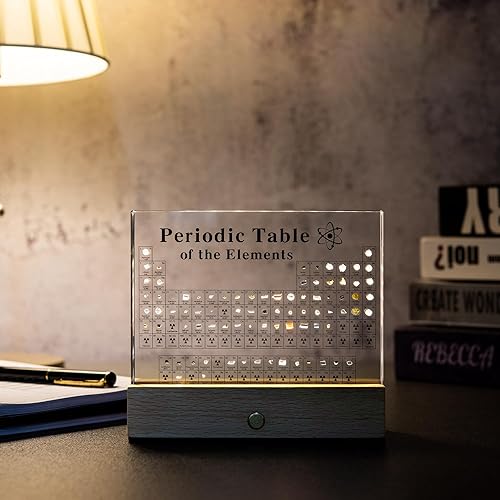 Miniatura 6 de MegaBox Tabla periódica de elementos con 83 elementos reales, exhibición de mesa periódica acrílica con soporte de madera, 6 tarjetas de referencia