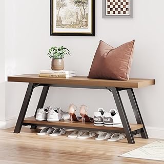 LVB Industrial Entryway Bench, Wood and Metal Storage Bench for Living D...