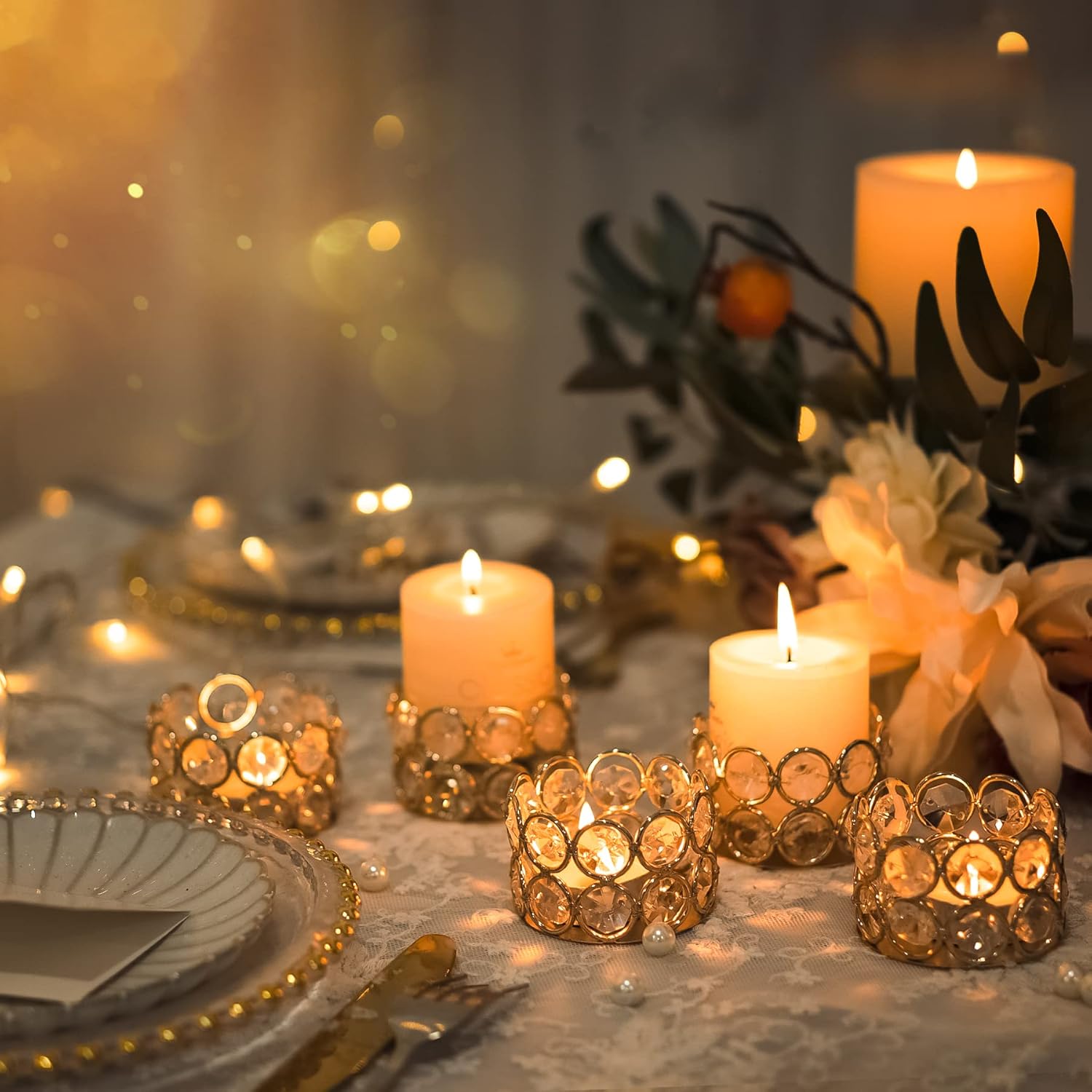 Pack of 10 Gold Crystal Tealight Candle Holders, Decorative Tea Lamp Candlesticks, Votive Candles Table Centerpieces for Wedding Party Home Decoration Creative Gifts (10pcs, Gold)