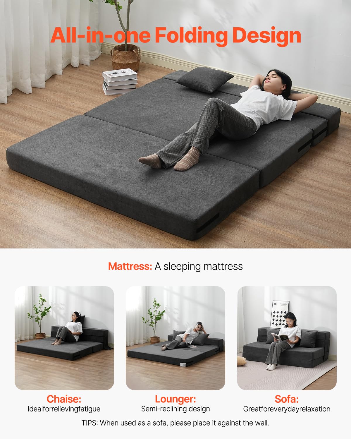 VEVOR Divano Letto Pieghevole con 2 Cuscini e Fodera Lavabile, Poltrona Letto Trasformabile in Memory Foam ad Alta Densità 25D, Divano Futon per Soggiorno, Camera da Letto, Grigio Scuro, Queen
