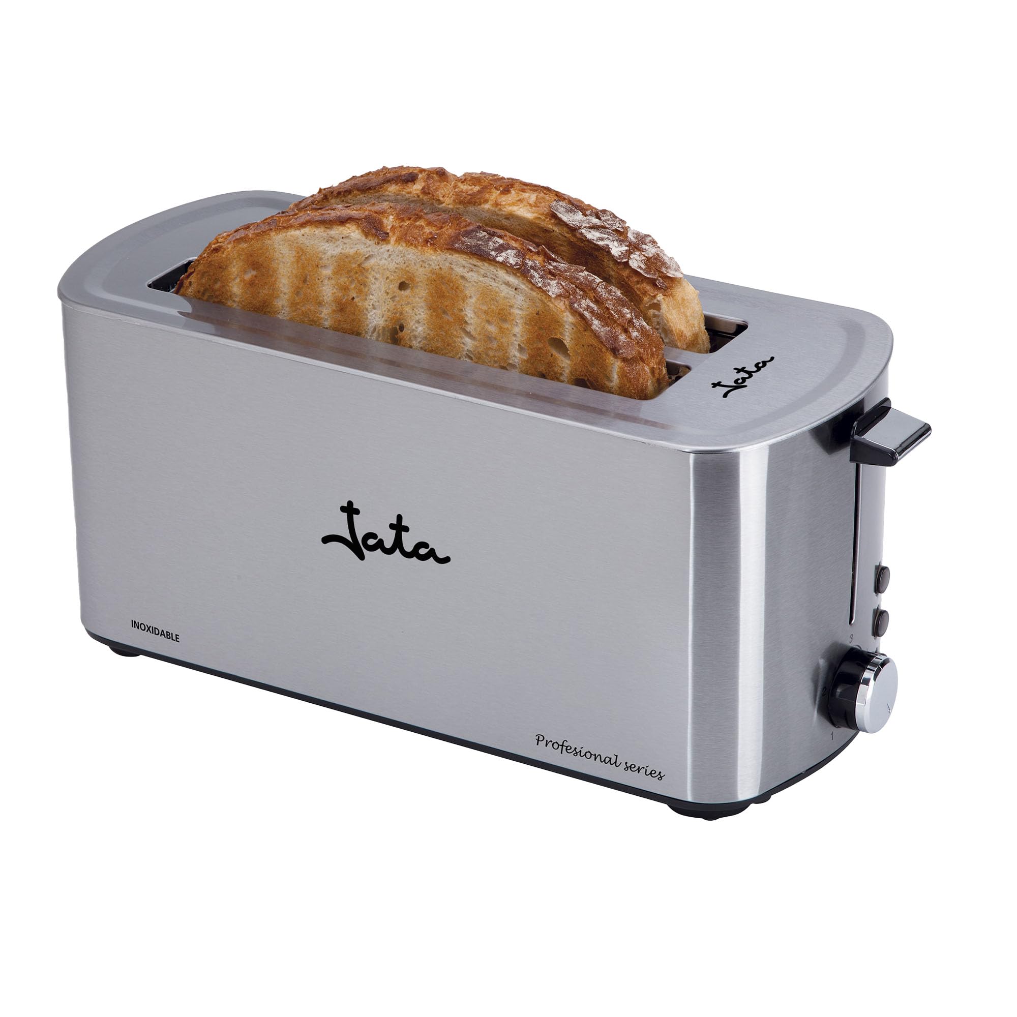 Jata TT1046 - Tostadora Inox de Ranura Larga Doble 1400W, Tostador de Pan con Descongelación y Recalentado, 5 Niveles de Tostado, Acero Inoxidable, Bandeja Recogemigas