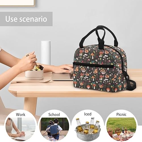Miniatura 6 de Buybai Bolsas de almuerzo aisladas, reutilizables, para picnic, con estampado de hongos, bolsas de almuerzo con correa extraíble