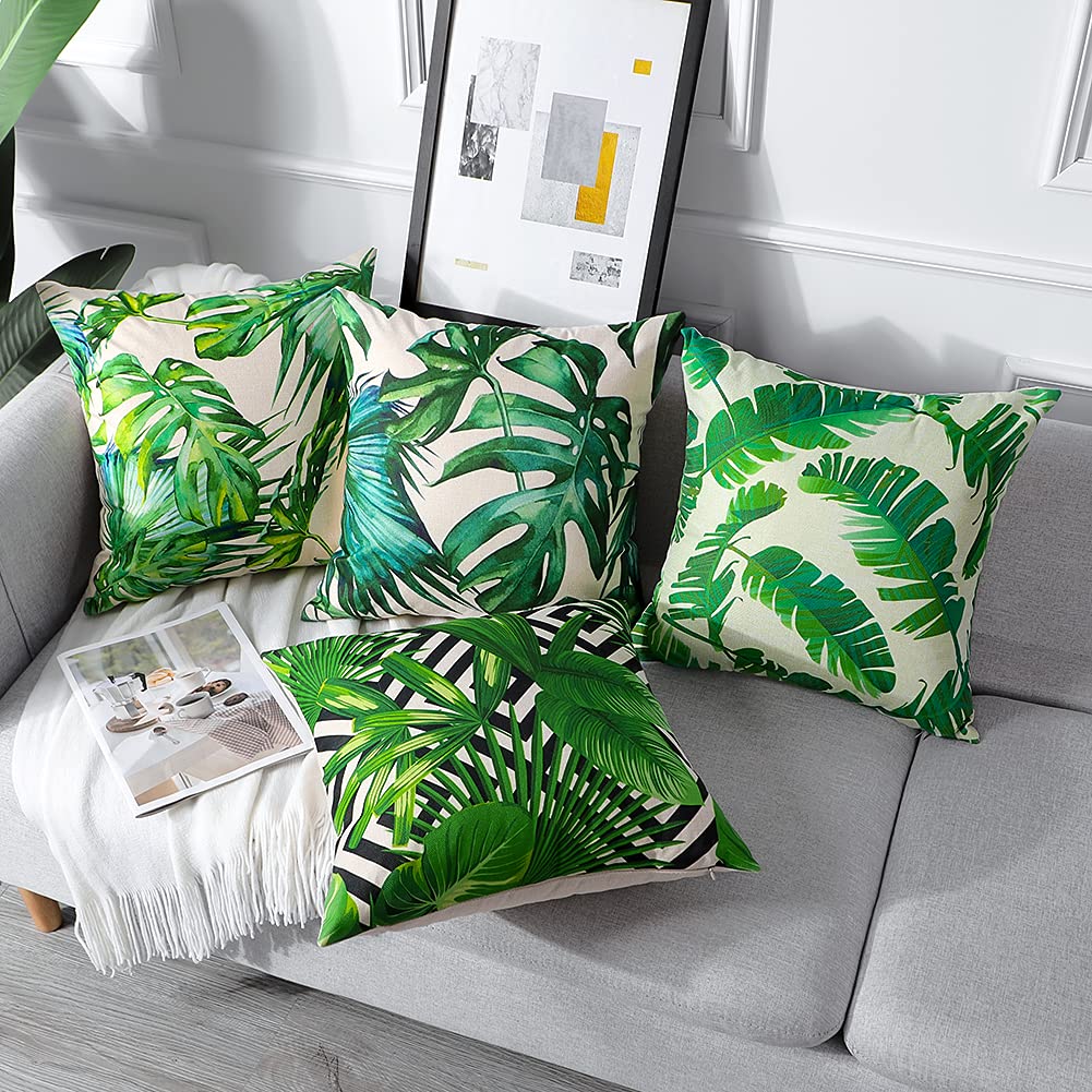 Artscope 4 Piezas Impermeables Funda de Cojines, de Exterior Funda de Almohada Cuadrado para Patio Balcón Jardín Sofá Oficina Hogar Decorativas 45x45cm, Plantas Tropicales 3