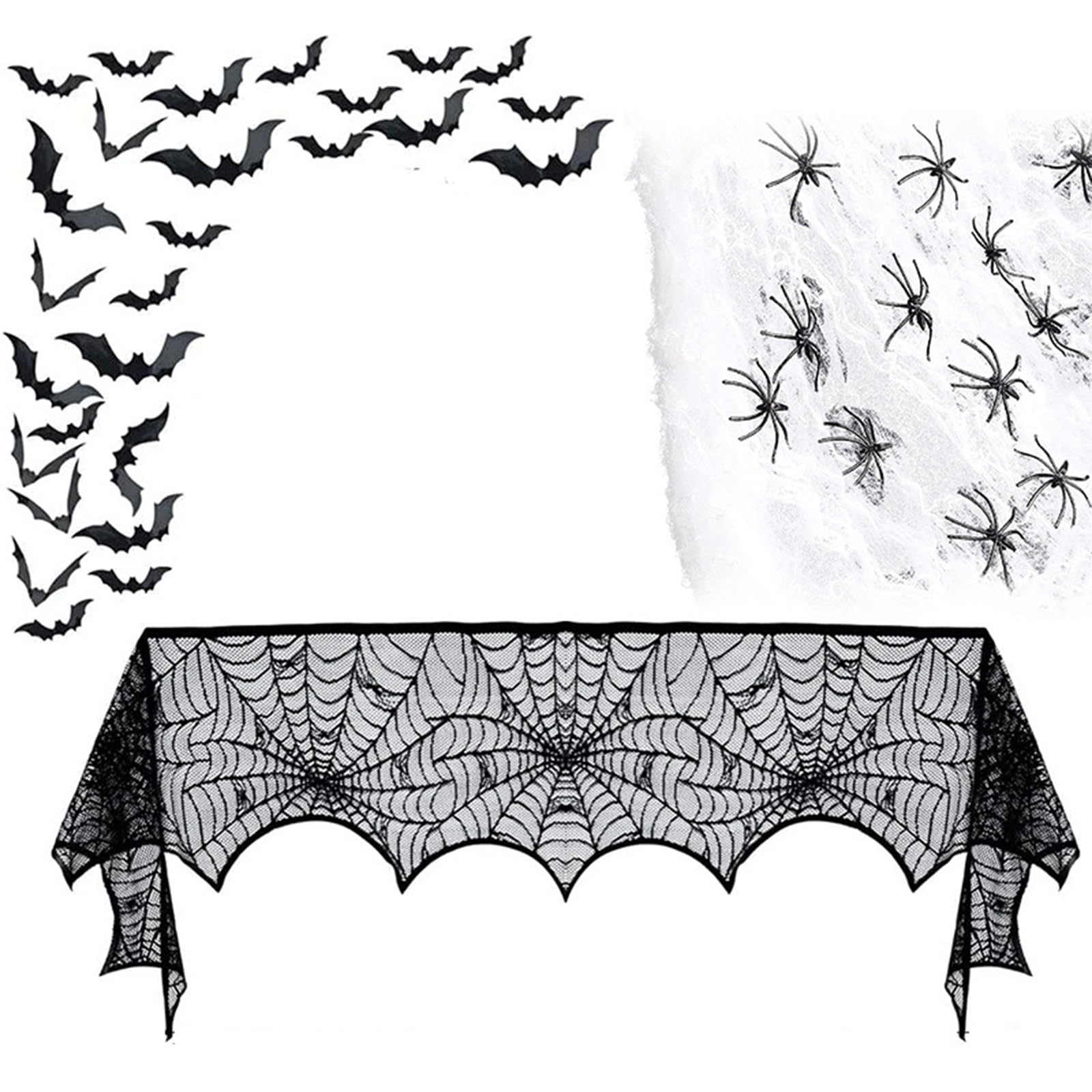 Jazuaiao 2 Halloween Spiderweb Lace Tablecloth & Mantel Scarf Cover, Black Dining Decoration Scarf