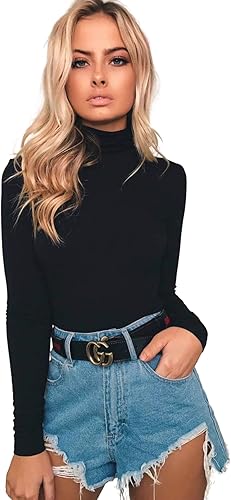 Miniatura 4 de LOVFEE Camiseta básica de algodón de manga larga y cuello alto suave para mujer